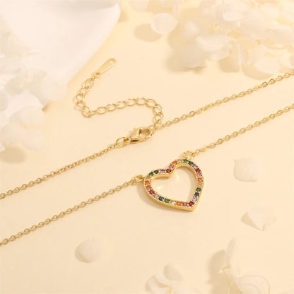 Copper 18K Gold Plated Plating Hollow Out Inlay Heart Shape Zircon Pendant Necklace