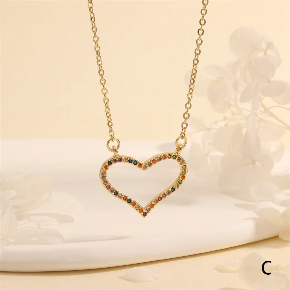 Copper 18K Gold Plated Plating Hollow Out Inlay Heart Shape Zircon Pendant Necklace