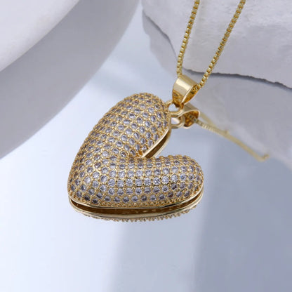 Copper 18K Gold Plated Plating Hollow Out Inlay Heart Shape Zircon Pendant Necklace