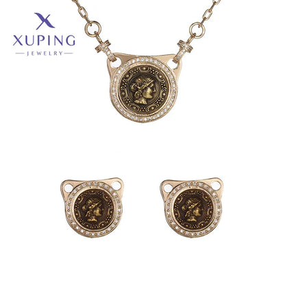 Copper 18K Gold Plated Plating Human Human Face Earrings Necklace Jewelry Set