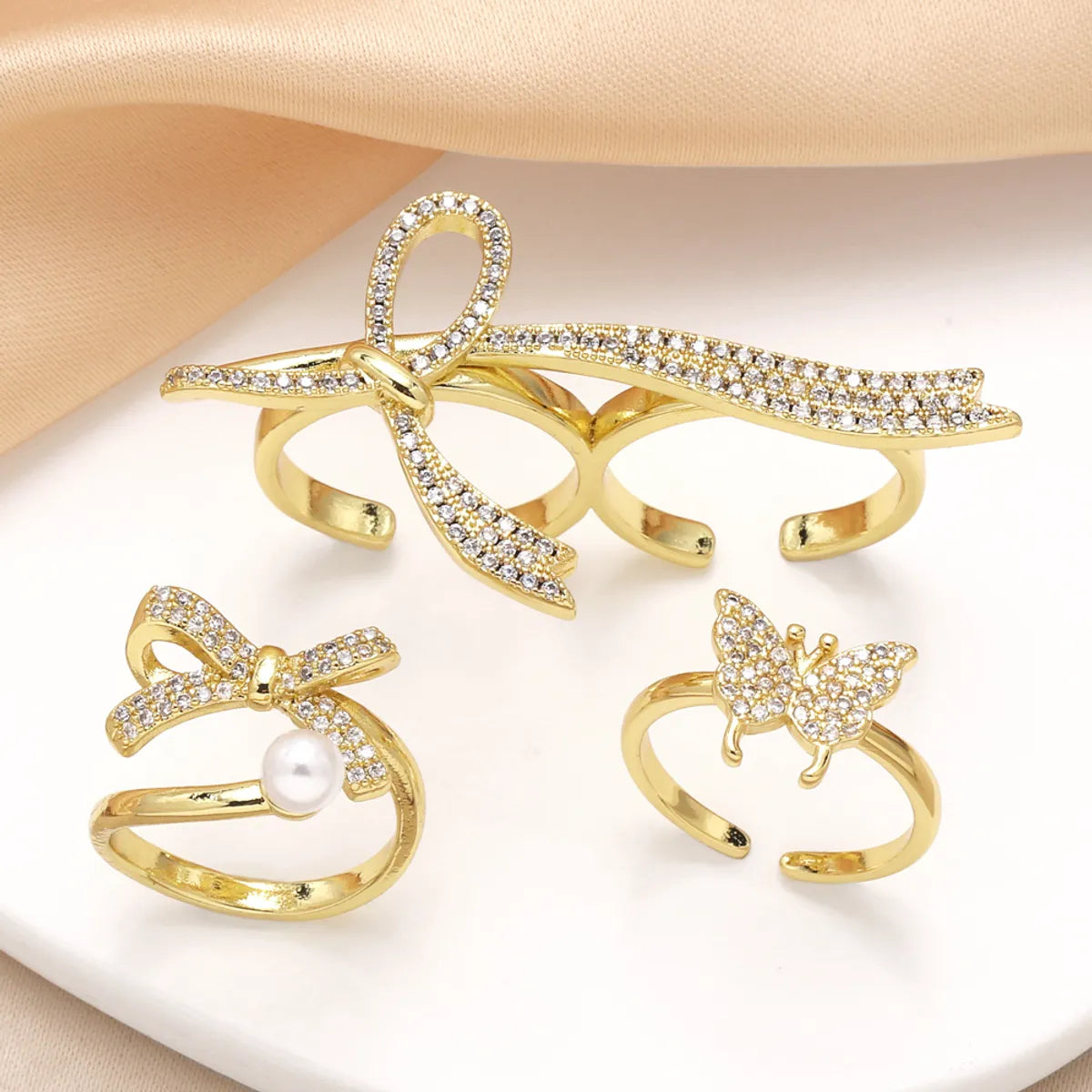 Copper 18K Gold Plated Plating Inlay Bow Knot Zircon Open Rings Rings