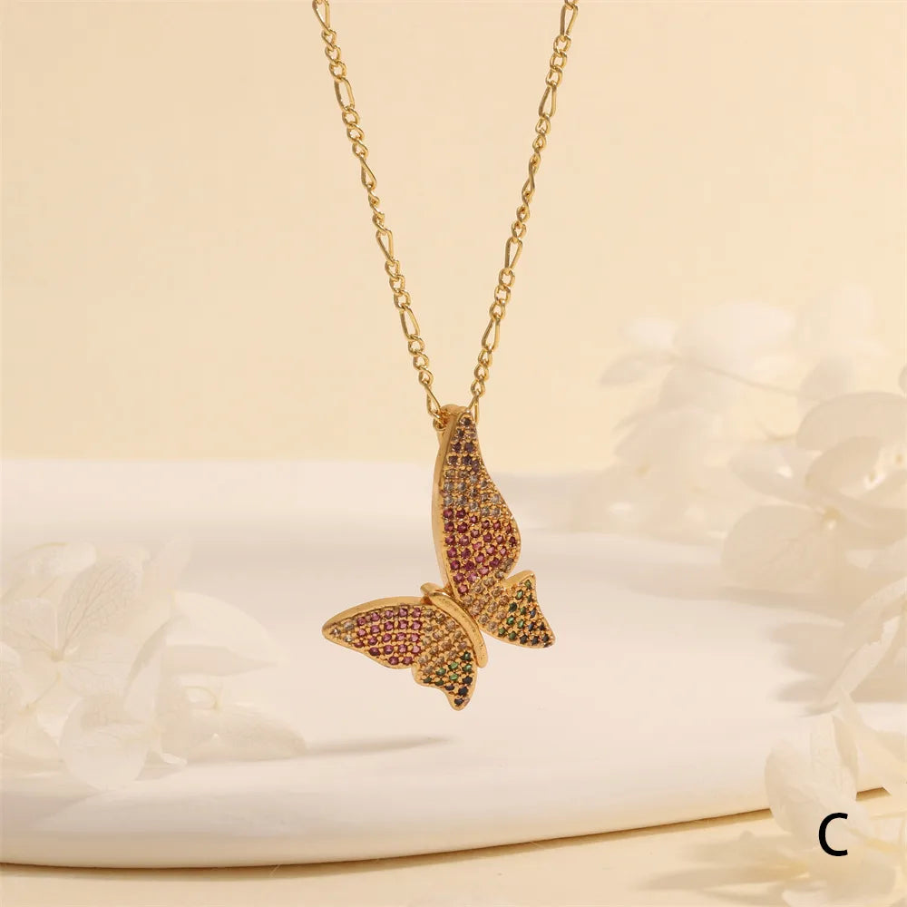 Copper 18K Gold Plated Plating Inlay Butterfly Zircon Pendant Necklace