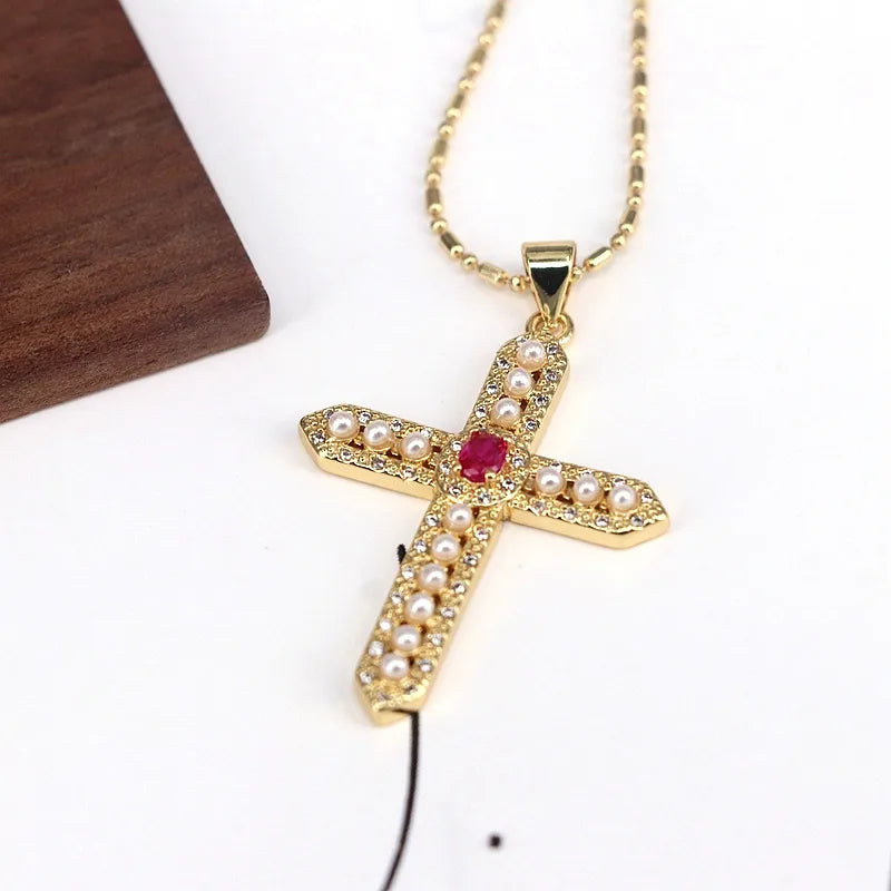 Copper 18K Gold Plated Plating Inlay Cross Artificial Pearls Zircon Pendant Necklace