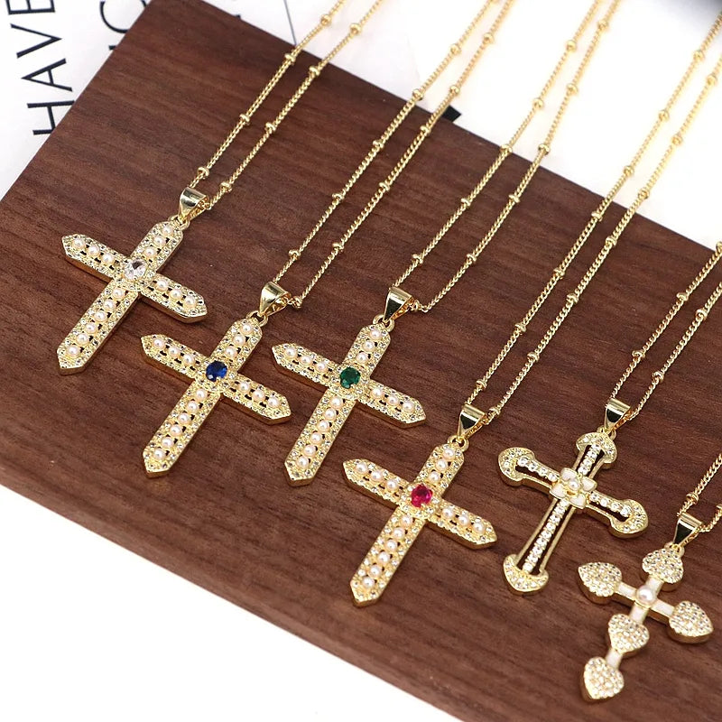 Copper 18K Gold Plated Plating Inlay Cross Artificial Pearls Zircon Pendant Necklace