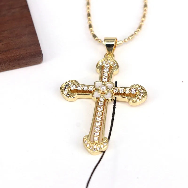 Copper 18K Gold Plated Plating Inlay Cross Artificial Pearls Zircon Pendant Necklace