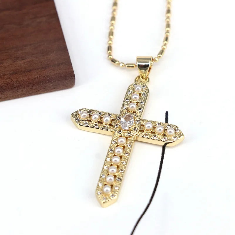 Copper 18K Gold Plated Plating Inlay Cross Artificial Pearls Zircon Pendant Necklace