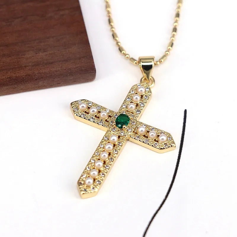 Copper 18K Gold Plated Plating Inlay Cross Artificial Pearls Zircon Pendant Necklace