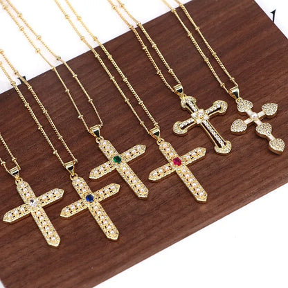 Copper 18K Gold Plated Plating Inlay Cross Artificial Pearls Zircon Pendant Necklace