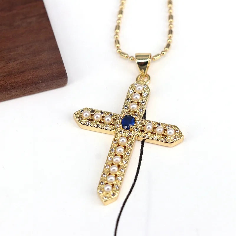 Copper 18K Gold Plated Plating Inlay Cross Artificial Pearls Zircon Pendant Necklace