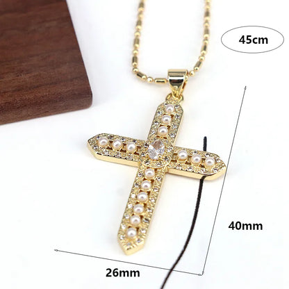 Copper 18K Gold Plated Plating Inlay Cross Artificial Pearls Zircon Pendant Necklace