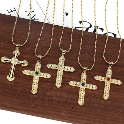 Copper 18K Gold Plated Plating Inlay Cross Artificial Pearls Zircon Pendant Necklace