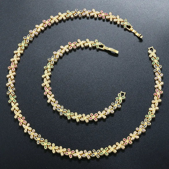 Copper 18K Gold Plated Plating Inlay Flower Petal Zircon Bracelets Necklace Jewelry Set