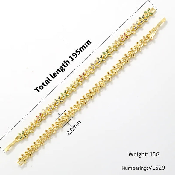 Copper 18K Gold Plated Plating Inlay Flower Petal Zircon Bracelets Necklace Jewelry Set