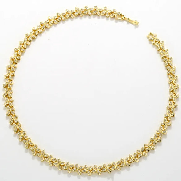 Copper 18K Gold Plated Plating Inlay Flower Petal Zircon Bracelets Necklace Jewelry Set