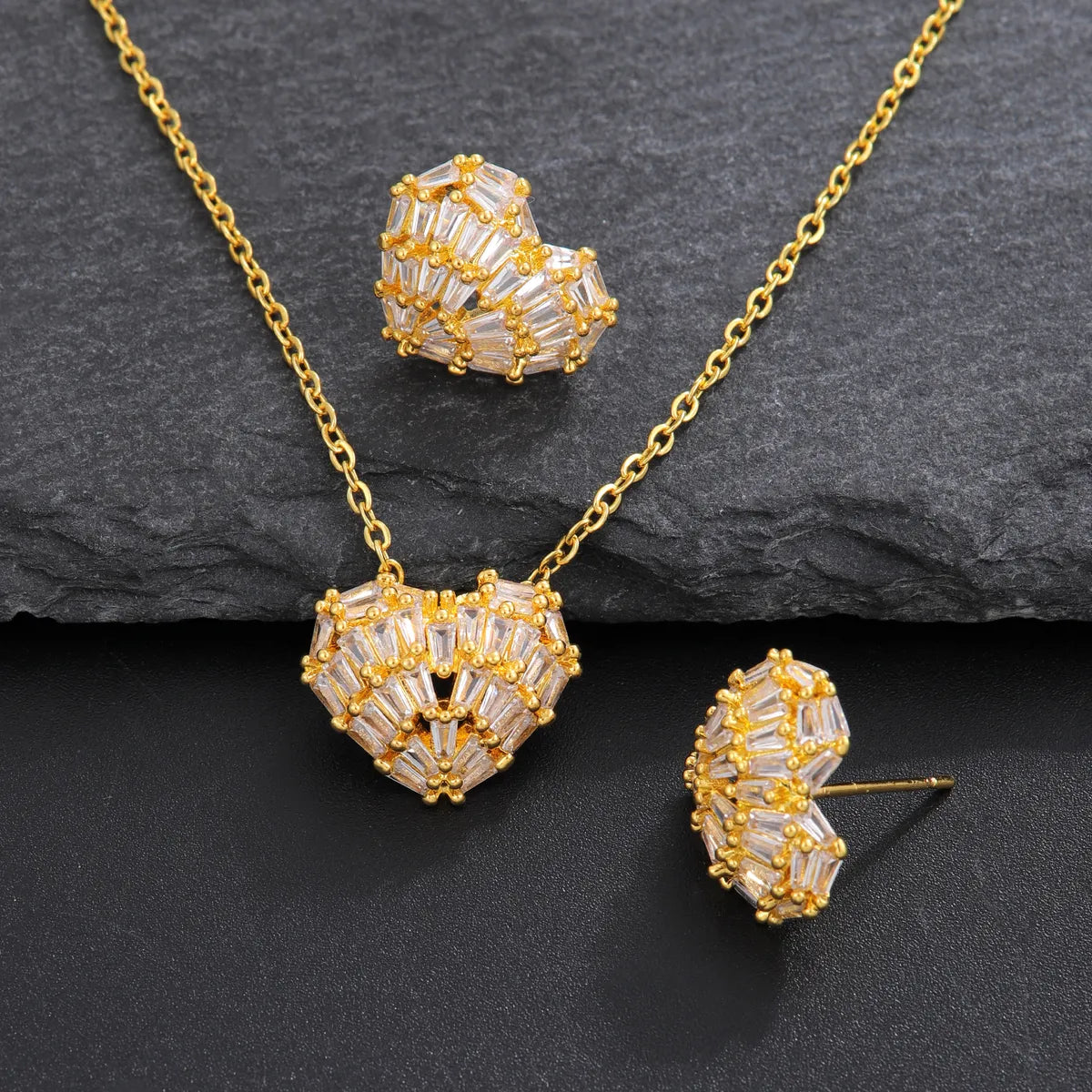 Copper 18K Gold Plated Plating Inlay Heart Shape Artificial Pearls Zircon Jewelry Set