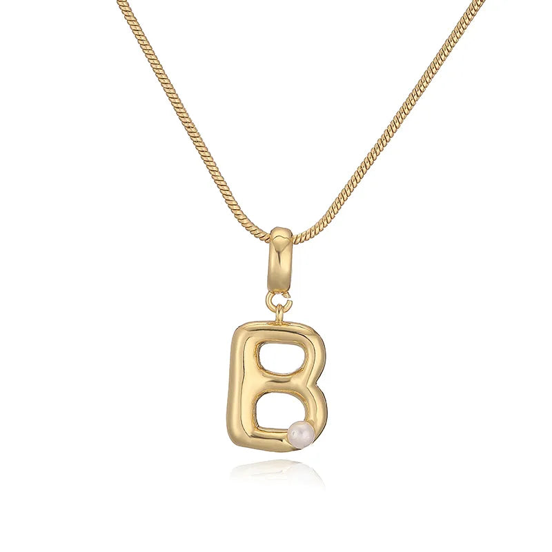 Copper 18K Gold Plated Plating Inlay Letter Artificial Pearls Pendant Necklace