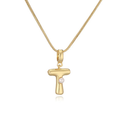 Copper 18K Gold Plated Plating Inlay Letter Artificial Pearls Pendant Necklace