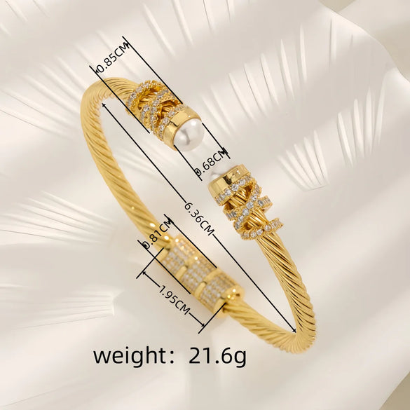 Copper 18K Gold Plated Plating Inlay Lines Zircon Bangle