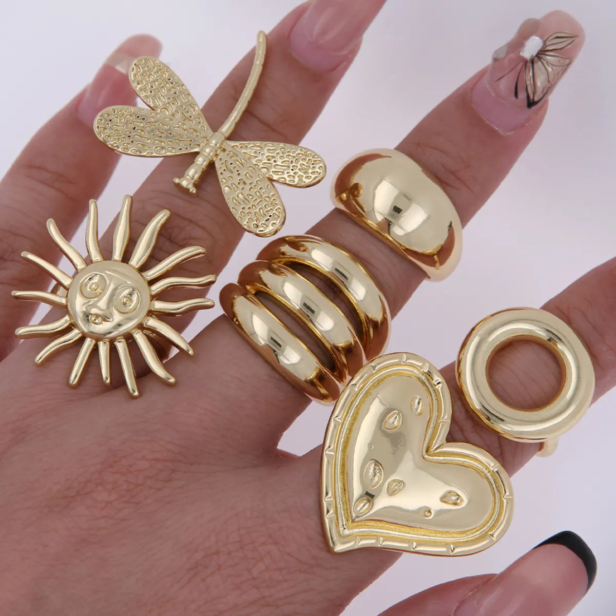 Copper 18K Gold Plated Plating Sun Heart Shape Dragonfly Open Rings