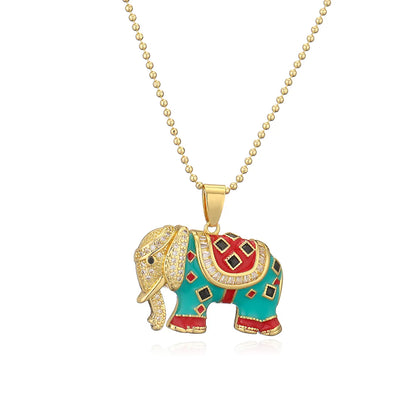 Copper 18K Gold Plated Retro Elephant Enamel Inlay Zircon Pendant Necklace