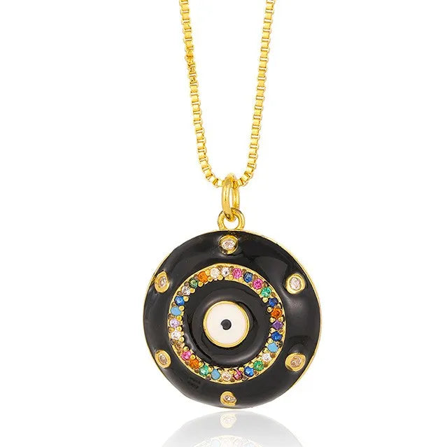 Copper 18K Gold Plated Retro Enamel Inlay Devil'S Eye Zircon Pendant Necklace