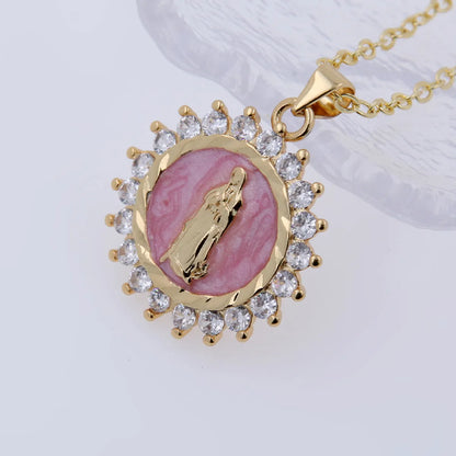 Copper 18K Gold Plated Retro Modern Style Roman Style Enamel Inlay Human Round Zircon Pendant Necklace