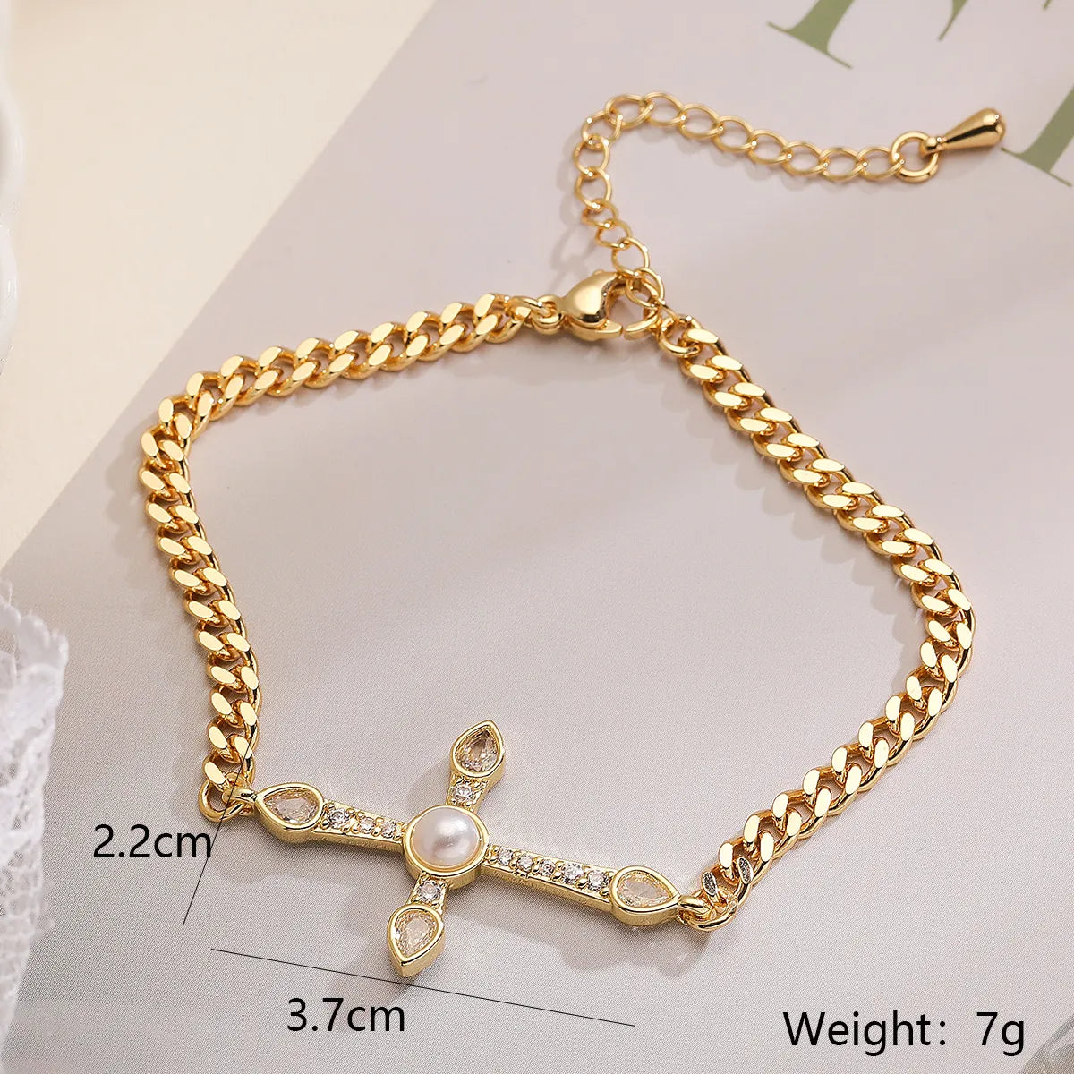 Copper 18K Gold Plated Retro Simple Style Commute Cross Inlay Pearl Zircon Bracelets