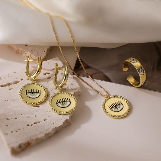 Copper 18K Gold Plated Retro Simple Style Commute Enamel Plating Devil'S Eye Rings Earrings Necklace