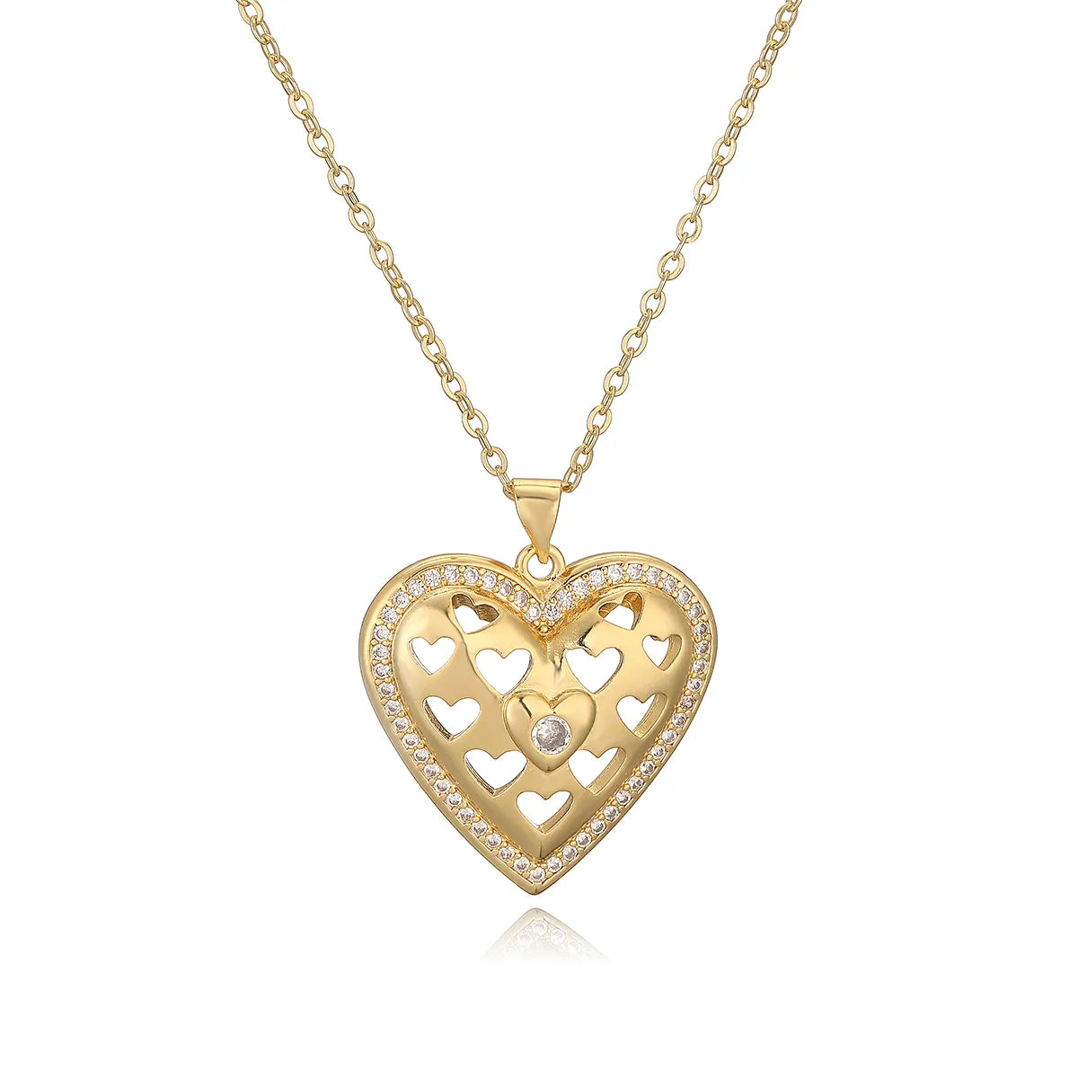 Copper 18K Gold Plated Retro Simple Style Commute Hollow Out Inlay Heart Shape Zircon Pendant Necklace