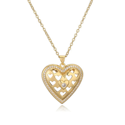 Copper 18K Gold Plated Retro Simple Style Commute Hollow Out Inlay Heart Shape Zircon Pendant Necklace