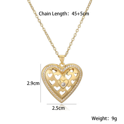 Copper 18K Gold Plated Retro Simple Style Commute Hollow Out Inlay Heart Shape Zircon Pendant Necklace