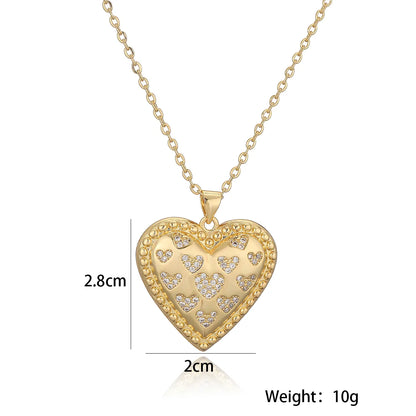 Copper 18K Gold Plated Retro Simple Style Commute Hollow Out Inlay Heart Shape Zircon Pendant Necklace