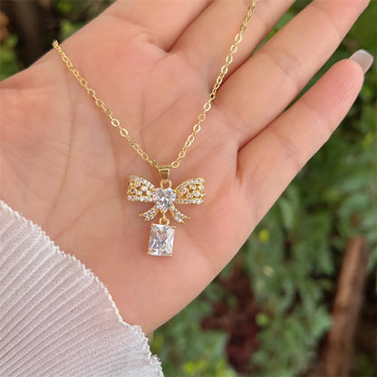 Copper 18K Gold Plated Simple Style Classic Style Bow Knot Plating Inlay Zircon Pendant Necklace