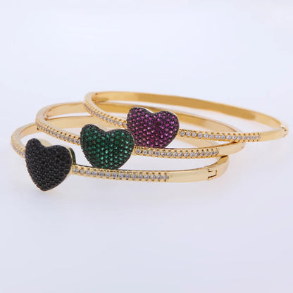 Copper 18K Gold Plated Simple Style Classic Style Enamel Inlay Heart Shape Zircon Bangle