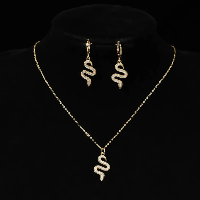 Copper 18K Gold Plated Simple Style Classic Style Inlay Snake Zircon Earrings Necklace