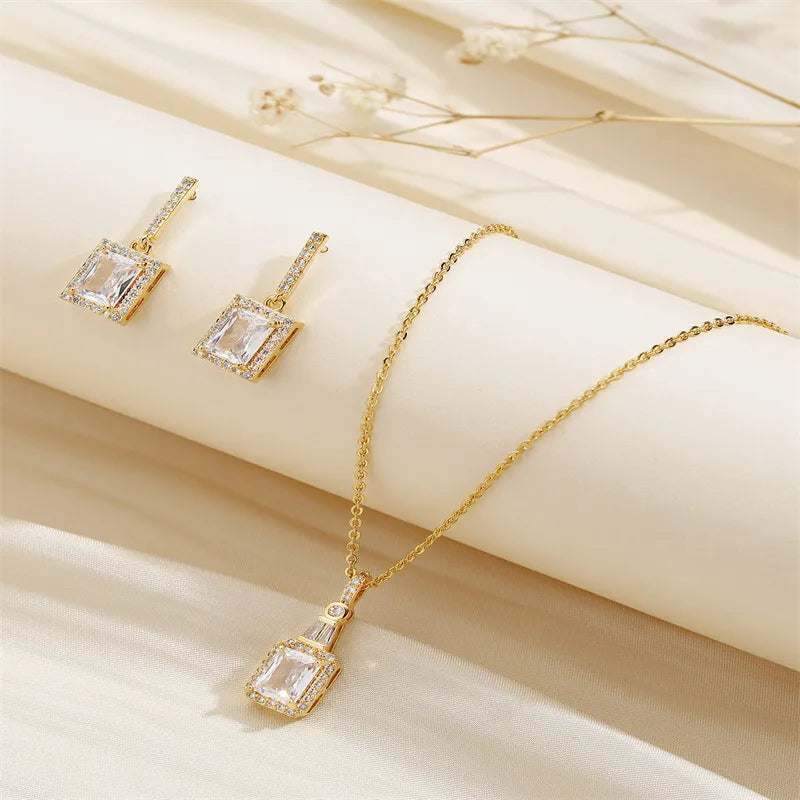 Copper 18K Gold Plated Simple Style Classic Style Inlay Splicing Zircon Earrings Necklace Jewelry Set