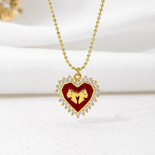 Copper 18K Gold Plated Simple Style Classic Style Plating Inlay Heart Shape Bow Knot Zircon Pendant Necklace