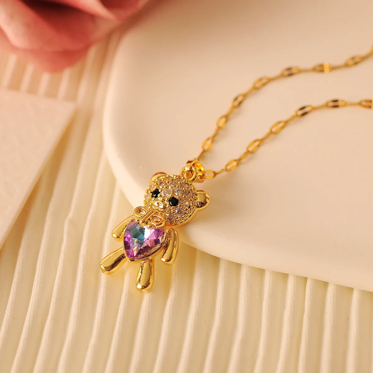 Copper 18K Gold Plated Simple Style Classic Style Plating Inlay Little Bear Zircon Pendant Necklace