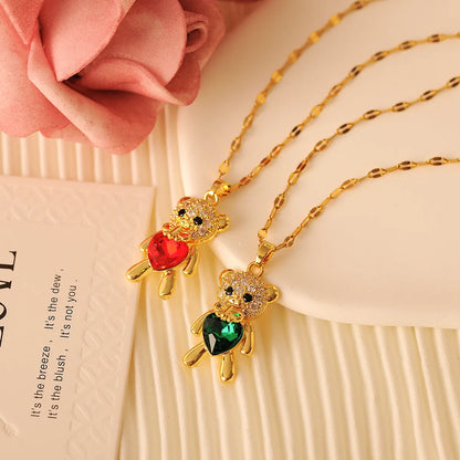 Copper 18K Gold Plated Simple Style Classic Style Plating Inlay Little Bear Zircon Pendant Necklace