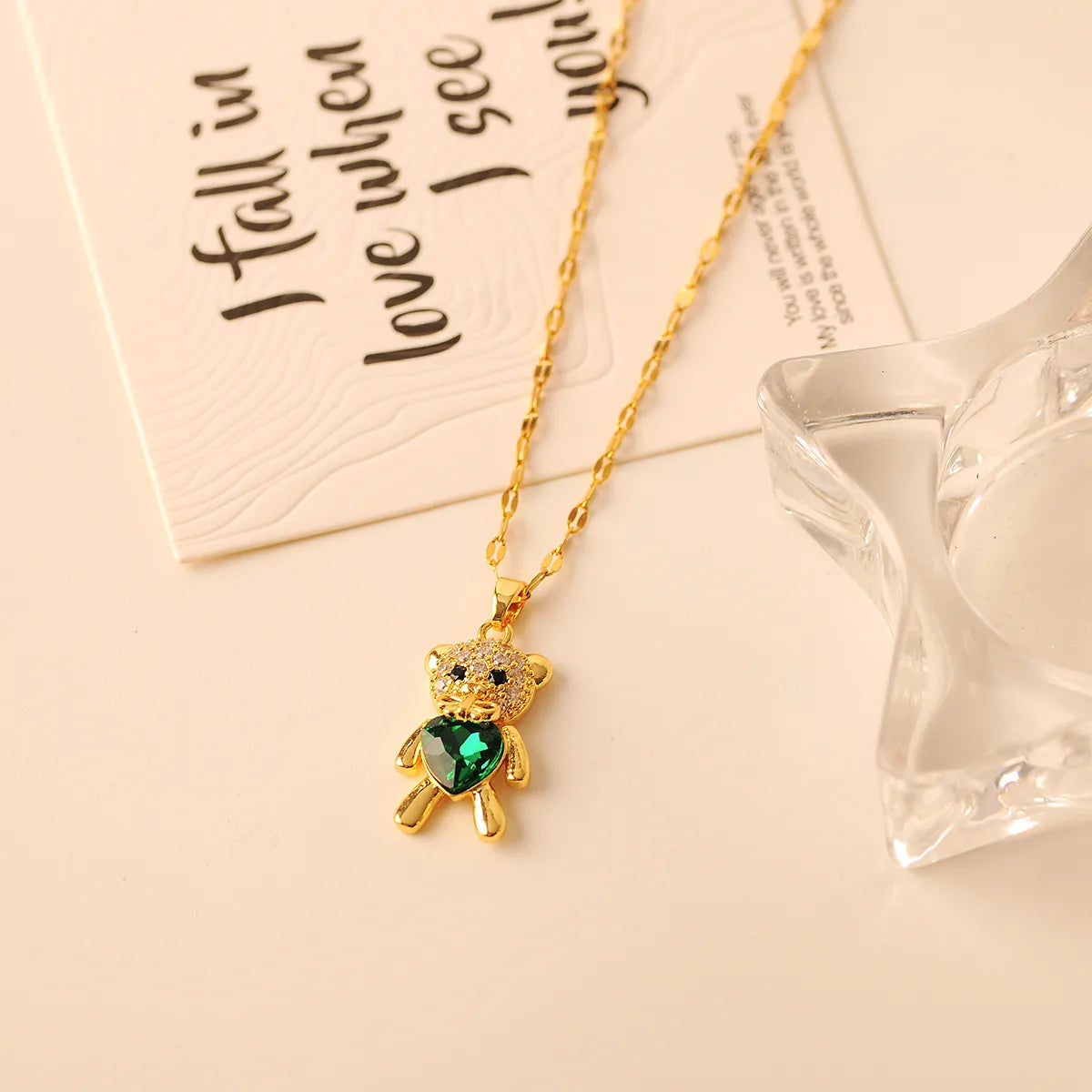 Copper 18K Gold Plated Simple Style Classic Style Plating Inlay Little Bear Zircon Pendant Necklace