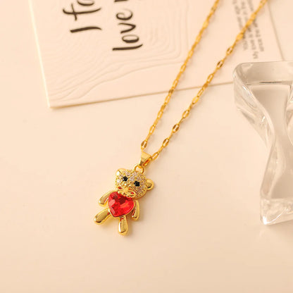 Copper 18K Gold Plated Simple Style Classic Style Plating Inlay Little Bear Zircon Pendant Necklace