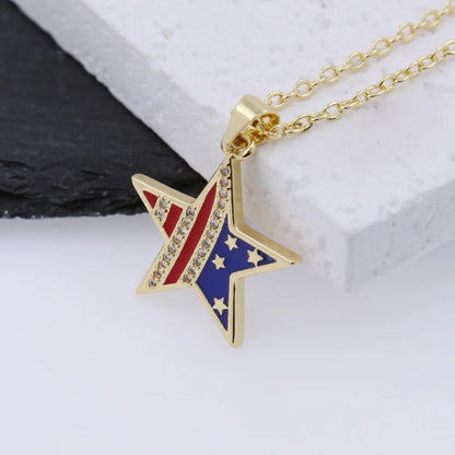 Copper 18K Gold Plated Simple Style Classic Style Plating Inlay National Flag Star Heart Shape Zircon Pendant Necklace