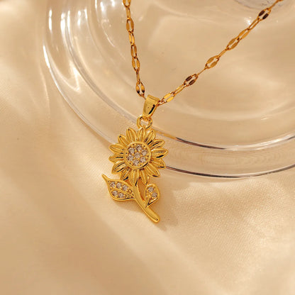 Copper 18K Gold Plated Simple Style Classic Style Sunflower Inlay Zircon Pendant Necklace