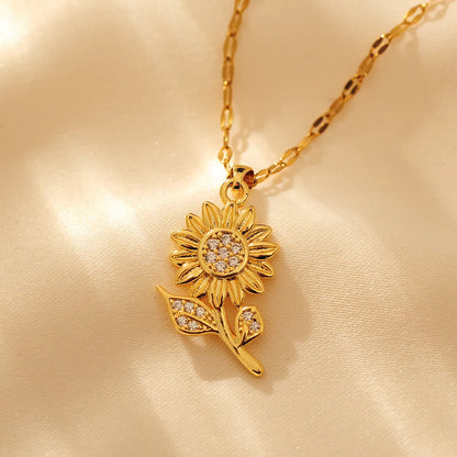 Copper 18K Gold Plated Simple Style Classic Style Sunflower Inlay Zircon Pendant Necklace