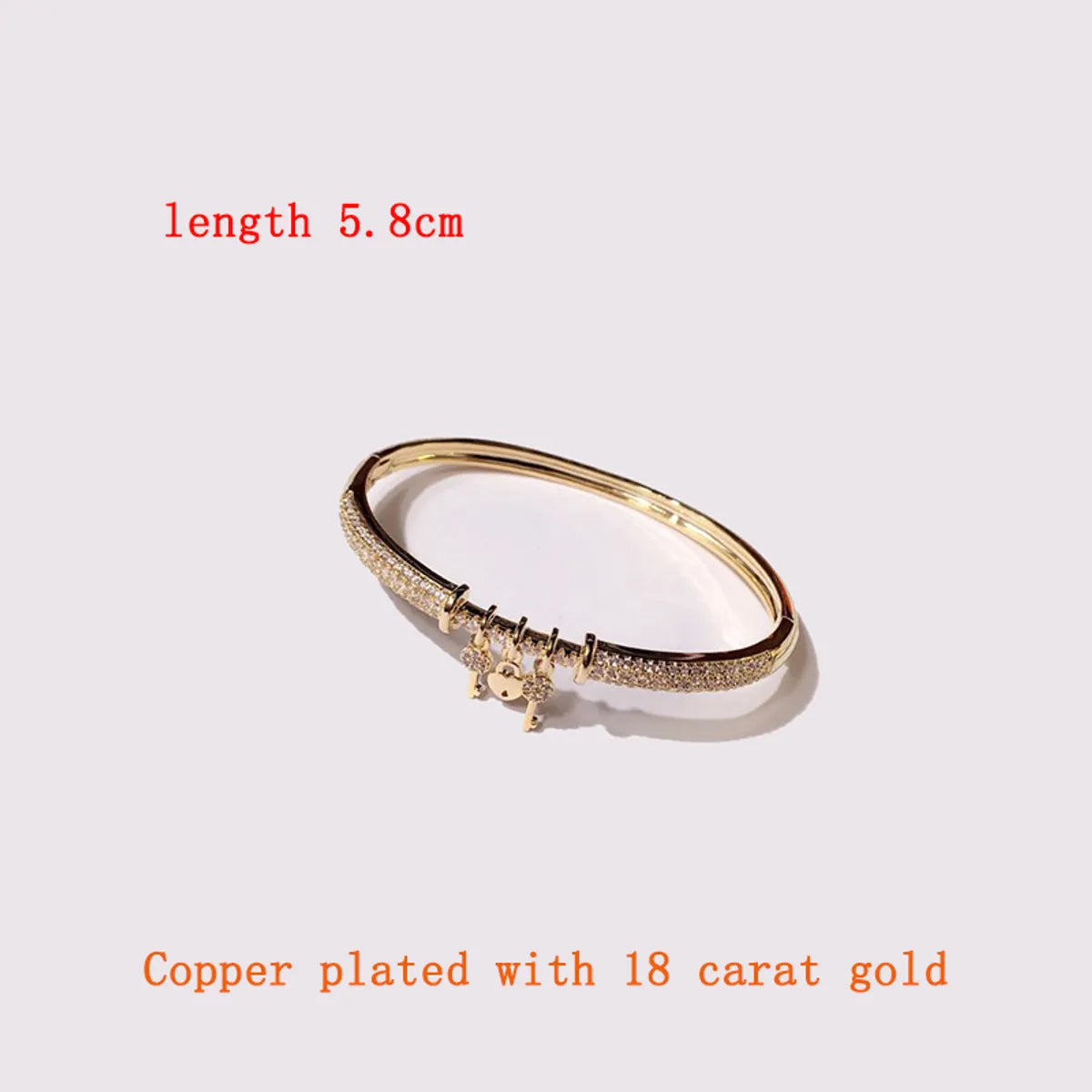 Copper 18K Gold Plated Simple Style Commute Heart Shape Key Lock Plating Inlay Zircon Bangle