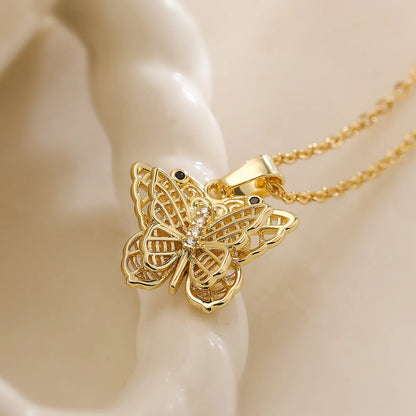 Copper 18K Gold Plated Simple Style Commute Hollow Out Inlay Butterfly Zircon Pendant Necklace