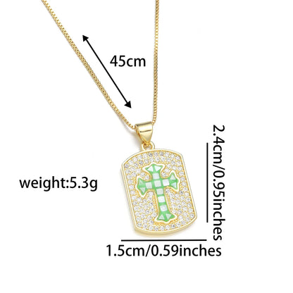 Copper 18K Gold Plated Simple Style Enamel Inlay Cross Shell Zircon Pendant Necklace