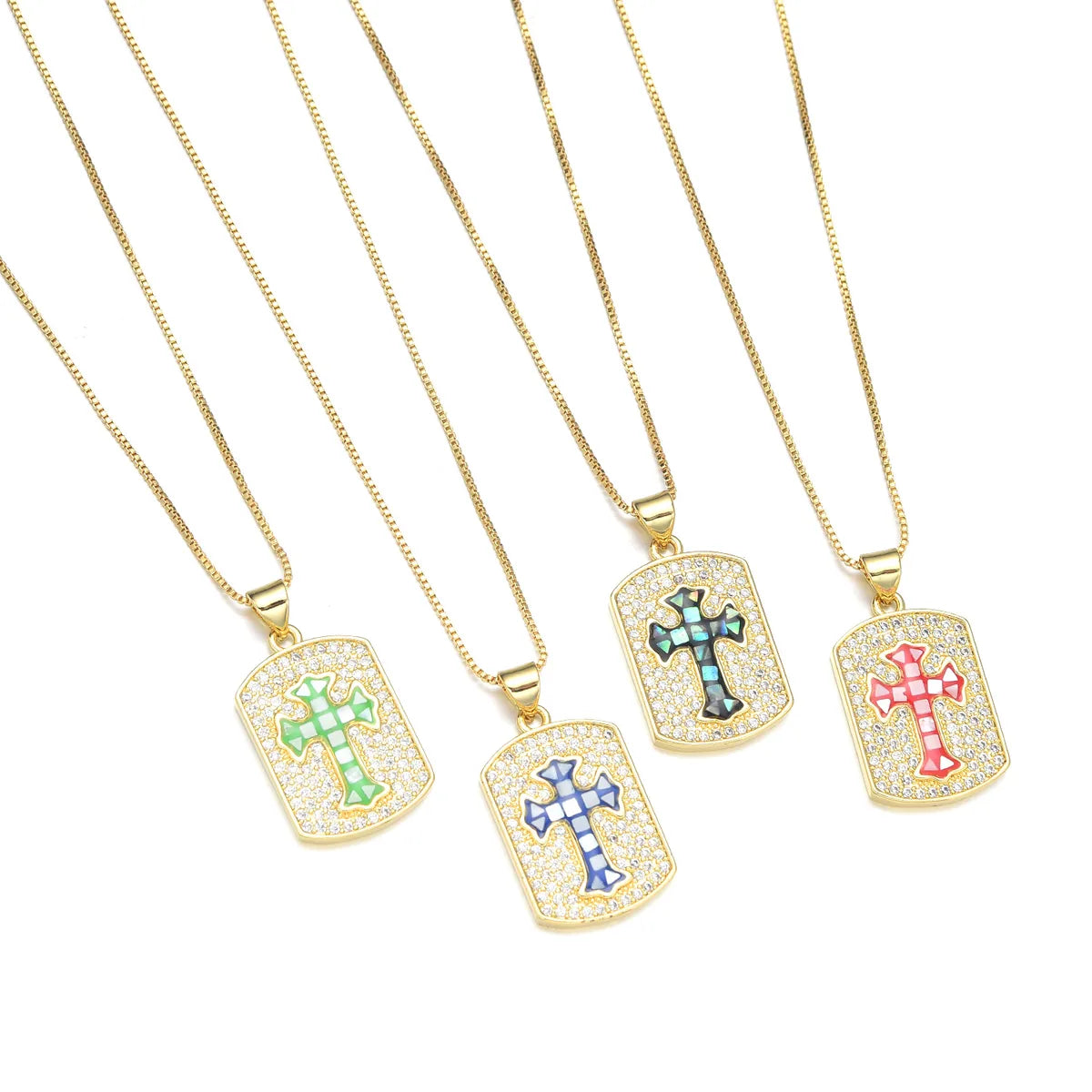 Copper 18K Gold Plated Simple Style Enamel Inlay Cross Shell Zircon Pendant Necklace