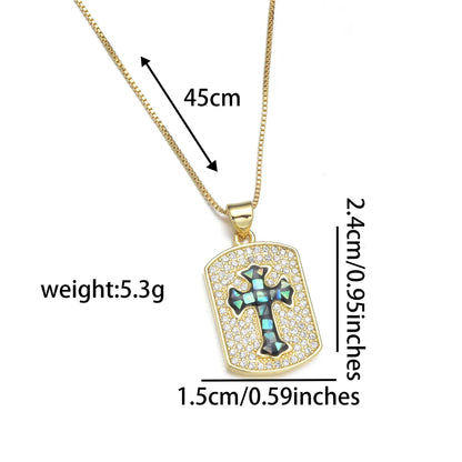 Copper 18K Gold Plated Simple Style Enamel Inlay Cross Shell Zircon Pendant Necklace