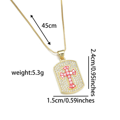 Copper 18K Gold Plated Simple Style Enamel Inlay Cross Shell Zircon Pendant Necklace